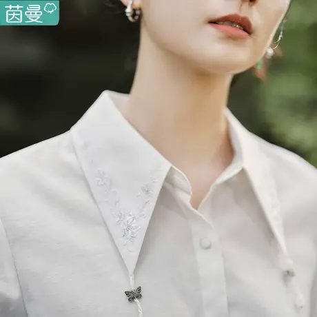茵曼新中式翻领长袖衬衣女2024年春季新款国风白色衬衫外套上衣商品大图
