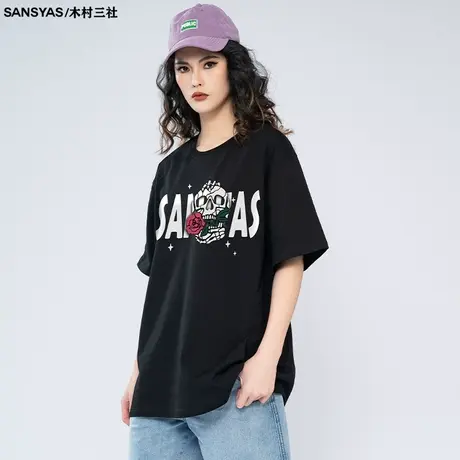 木村三社骷髅头美式短袖2023新款t恤男潮潮牌百搭圆领宽松五分袖商品大图