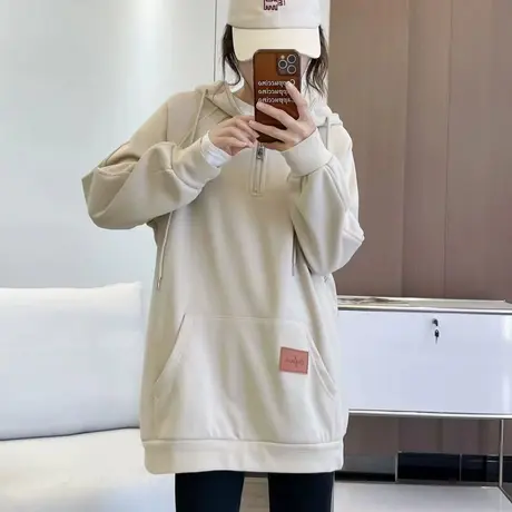 连帽加绒中长款卫衣女2023春秋宽松加厚设计感简约大口袋上衣外套商品大图