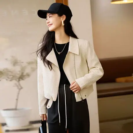 时尚气质设计感短款外套女士2023年秋季新款休闲百搭翻领上衣夹克商品大图