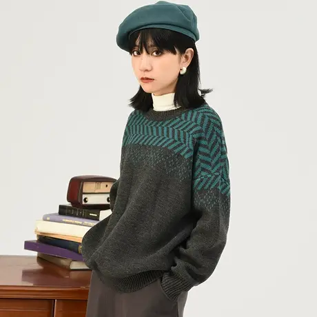 omont蛋挞家 复古提花宽松圆领套头毛衣女保暖针织衫慵懒秋冬新款图片