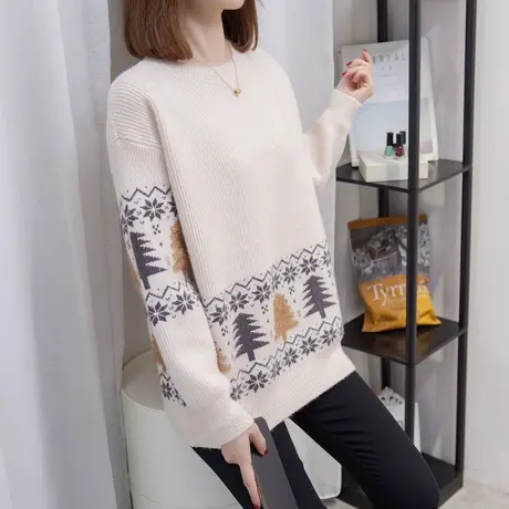 圆领圣诞毛衣女套头2023秋冬新款宽松外穿针织衫内搭打底衫厚上衣商品大图