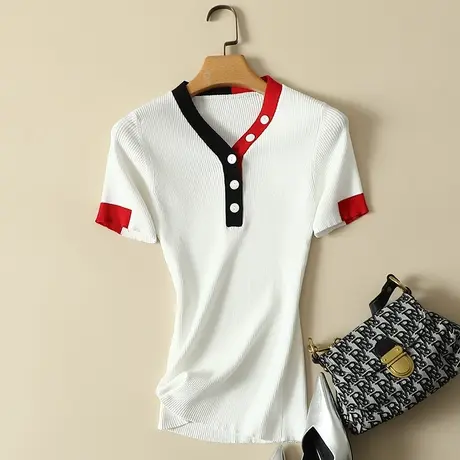 冰丝针织衫女短袖t恤2022夏季新款韩版修身短款显瘦V领薄款上衣女商品大图
