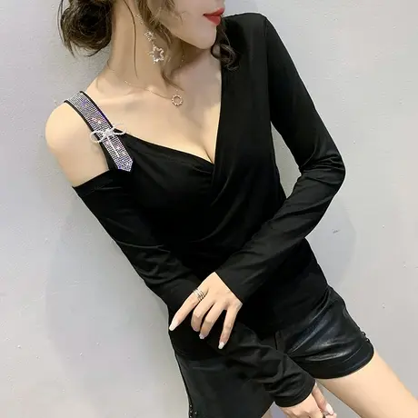 2023春秋新款性感露肩T恤女长袖不规则交叉上衣洋气内搭打底衫潮图片