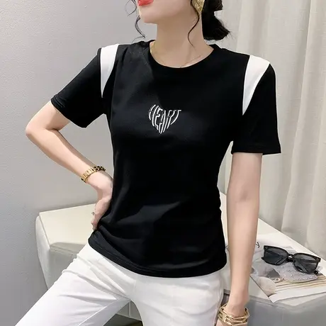 2023夏装新款设计感拼色短袖T恤女时尚刺绣上衣显瘦修身百搭小衫商品大图