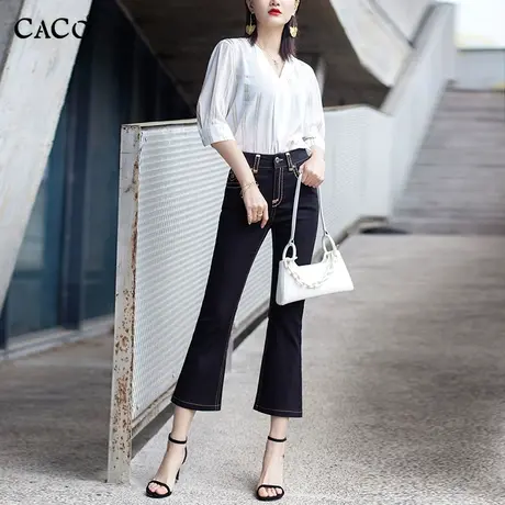 喇叭八分牛仔裤女夏季新款显瘦中高腰刺绣撞色黑色七分裤断码特惠商品大图