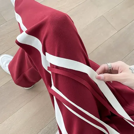 红色阔腿运动裤女2023年秋冬新款高腰垂感直筒宽松显瘦休闲拖地裤商品大图