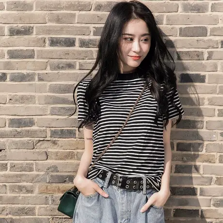 条纹短袖t恤女2022早春新款宽松韩版bf慵懒风ins设计感小众上衣服商品大图