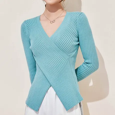 早秋针织衫女2023新款修身打底交叉内搭上衣显瘦v领外穿长袖毛衣商品大图