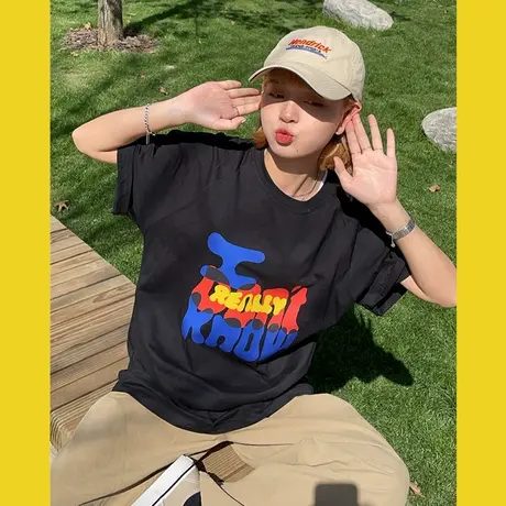 港风ins盐系少女撞色创意chic宽松bf纯棉短袖T恤女上衣百搭新款图片