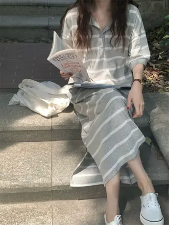夏季休闲短袖polo领长款懒人t恤裙女韩版宽松开叉黑白条纹连衣裙商品大图
