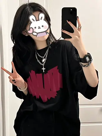 重磅纯棉黑色短袖t恤女2023新款夏季oversize设计感小众半袖上衣图片