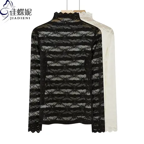 秋季新款半高领蕾丝边网纱薄款纯色宽松长袖体恤上衣内搭打底女装商品大图