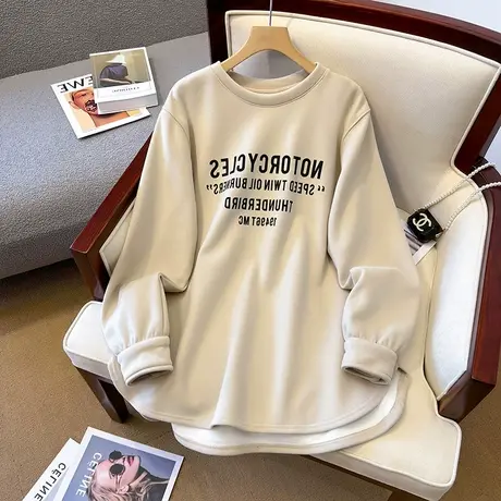 慵懒风chic大码加绒长袖T恤女ins潮牌洋气内搭秋冬打底衫圆领上衣商品大图