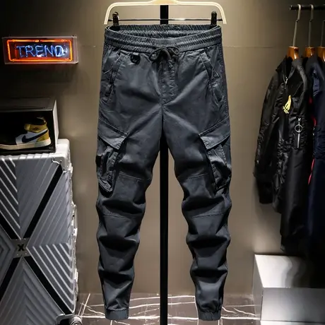 夏季黑色男工装裤男绿色休闲裤男生松紧腰系带束脚长裤子男哈伦裤商品大图