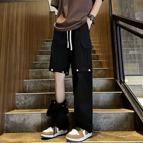 可拆卸裤子男伞兵裤冰川液态棉排扣工装裤防水一裤两穿二合一冰丝图片