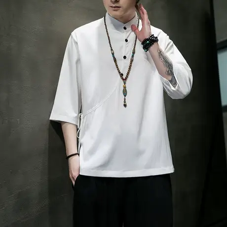 新中式男装冰丝短袖T恤男斜襟汉服唐装立领中国风五分袖复古半袖图片