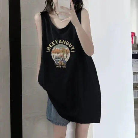 纯棉吊带运动坎肩背心无袖t恤女夏季设计感小众外穿宽松挂脖上衣图片