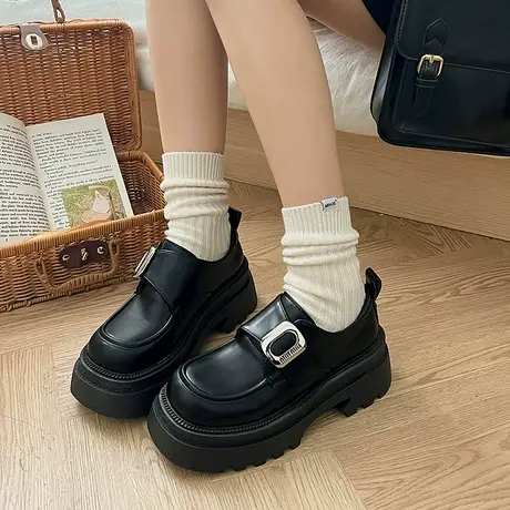 乐福鞋女2024春秋季新款复古英伦风厚底小皮鞋粗跟防滑魔术贴单鞋商品大图