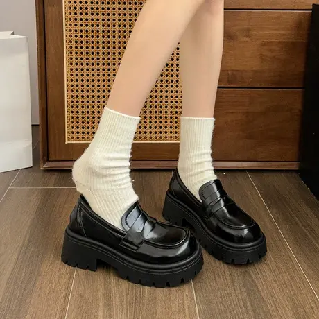 圆头百搭学院风黑色厚底乐福小皮鞋女2024新款秋季粗跟配裙子单鞋商品大图