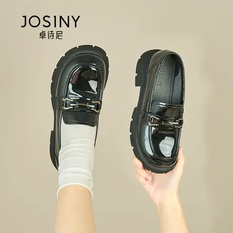 卓诗尼黑色厚底乐福鞋女2024春季新款粗跟小个子百搭学院风小皮鞋图片