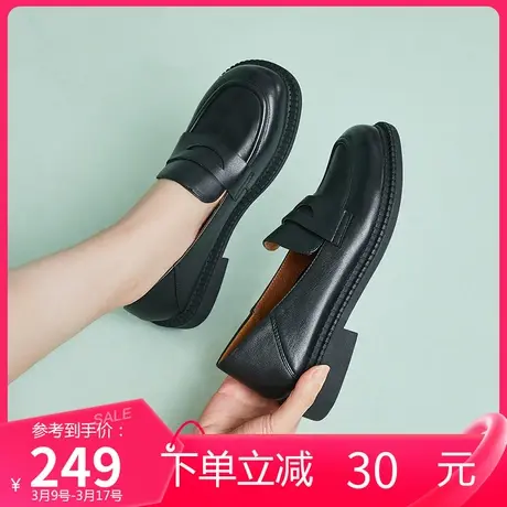 康奈女鞋休闲百搭单鞋春季新款头层牛皮圆头耐磨套脚方跟小皮鞋女图片
