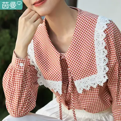 茵曼旗舰店官方官网女装2023初春季新款蕾丝花边娃娃领格衬衫纯棉图片