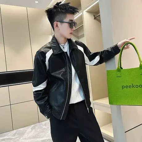 高级感撞色拼接皮衣外套男春秋季潮流简约痞帅翻领皮夹克机车上衣商品大图