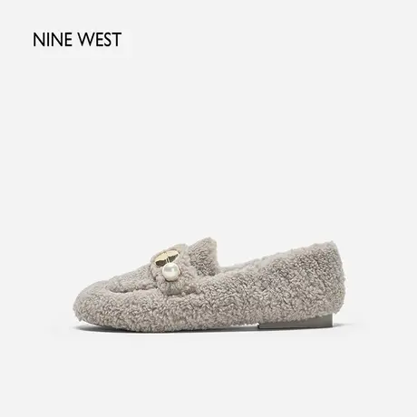 Nine West/玖熙平底毛毛鞋豆豆鞋冬季新款一脚蹬加绒乐福鞋格雷系图片