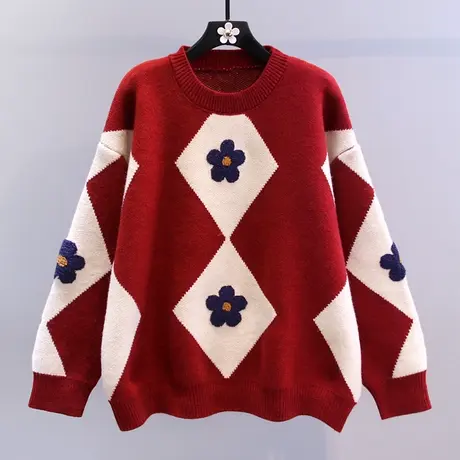 撞色菱形格小花毛衣女秋冬2023新款宽松慵懒风设计感洋气针织上衣图片
