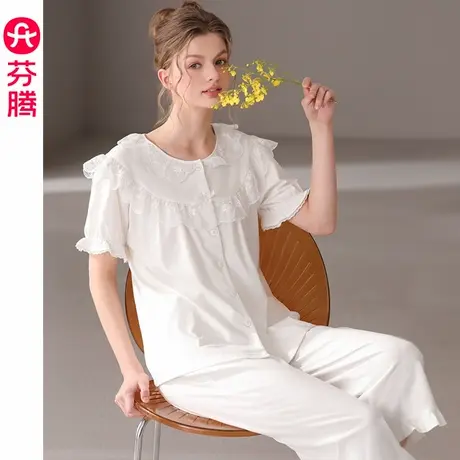 芬腾睡衣女士夏季纯棉短袖九分裤套装女款薄款休闲大码薄款家居服商品大图
