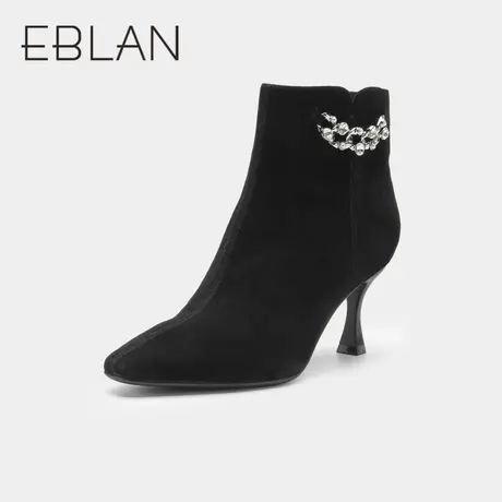 伊伴2022秋冬女鞋羊皮革尖头小香风裸靴时装靴细跟绒面短靴女图片