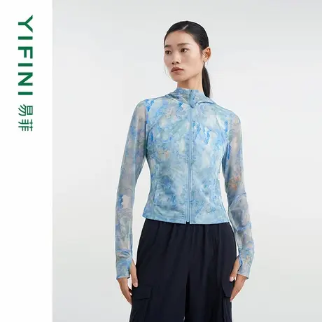[专柜同款]Yifini/易菲四面弹印花网纱修身长袖短款外套D04T1204图片