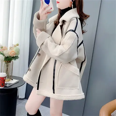 小香风羊羔毛机车服外套女2022年新款冬季宽松设计感减龄夹克上衣商品大图