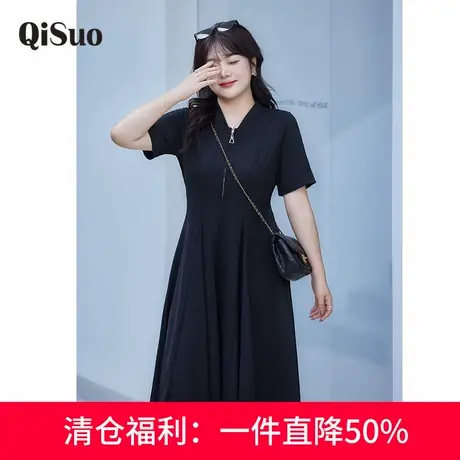 绮娑显瘦大码胖MM连衣裙夏季新款v领休闲百搭收腰A字针织小黑裙商品大图
