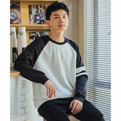 唐狮男士圆领卫衣春秋季新款插肩袖设计感撞色套头白色上衣潮商品大图