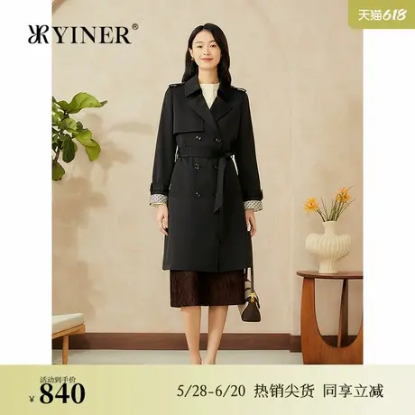 YINER音儿专选2025春季新款优雅撞色logo印花风衣驳领显瘦外套商品大图