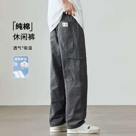 轻奢纯棉工装休闲裤男2025夏季新款宽大码男士拼接抽绳直筒裤子潮商品大图
