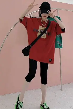 2023夏季新款复古百搭T恤弹力鲨鱼芭比七分裤两件套装慵懒风短袖商品大图