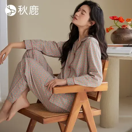 秋鹿长袖长裤情侣睡衣女款秋款经典格子家居服男春秋梭织纯棉套装商品大图