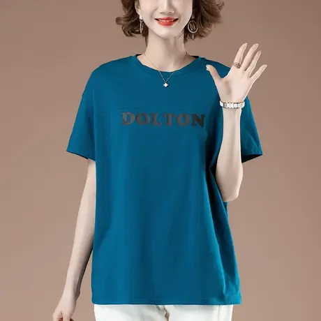 加肥加大码短袖t恤女夏季新款中年妈妈纯棉圆领宽松遮肚显瘦体恤商品大图