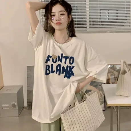 美式街头风oversize大码纯棉t恤短袖女ins潮夏季宽松情侣正肩上衣商品大图