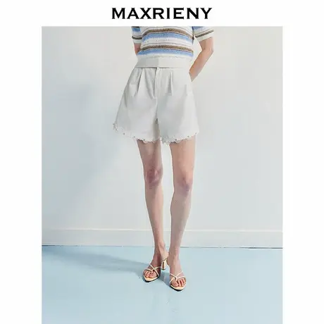 【奥莱】MAXRIENY日常感高腰短裤蕾丝钉珠拼接阔腿休闲裤女图片