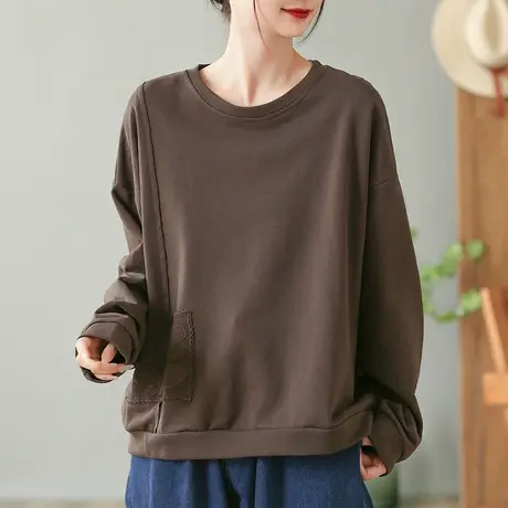 dza 复古贴布纯棉卫衣女士2023秋季新款宽松显瘦上衣休闲长袖外套商品大图