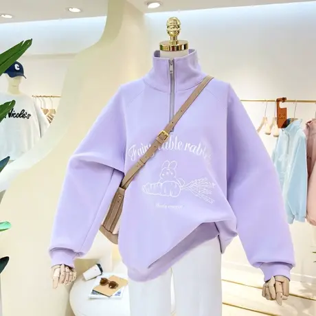 卡通刺绣复古兔子半开拉链领子春秋韩版宽松大码套头卫衣女外套潮商品大图