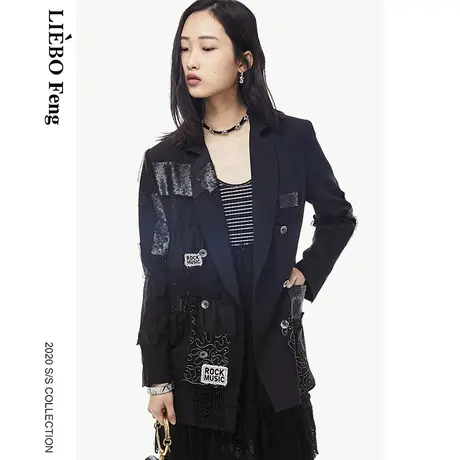 裂帛LIEBOFeng商场同款小众设计感珠片绣休闲西服黑色西装外套女图片