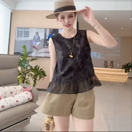 欧货2025夏季新款时尚百搭花边无袖圆领衬衫女设计感小众别致上衣图片