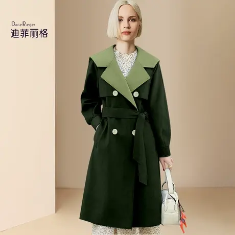 迪菲丽格冬季2023新款欧美时尚风衣外套设计感小众双排扣绿色大衣商品大图