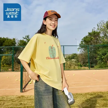 G2真维斯2025新款潮流女款短袖百搭重磅纯棉上衣圆领宽松短袖T恤商品大图