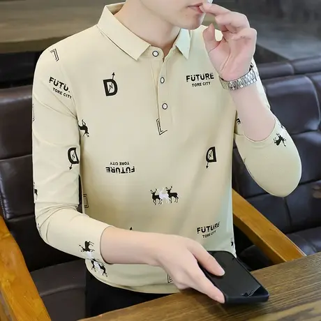 港士博秋季纯棉POLO衫男潮流时尚休闲打底衫翻领长袖T恤青年上衣商品大图